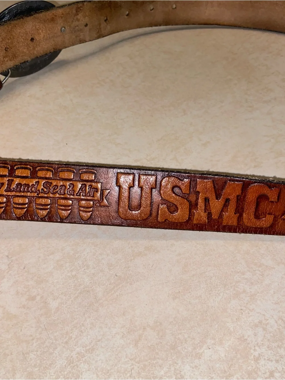 USMC Embossed Brown Leather Belt with Metal Buckle